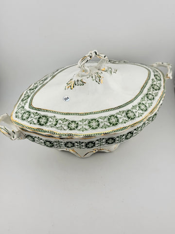 RARE BISHOP & STONIER ENGLAND RODEN GREEN COVERED TUREEN & LID 24K GOLD TRIM