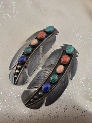Vintage Navajo Sterling Silver & Gemstone Large Feather Pierced Post Earrings