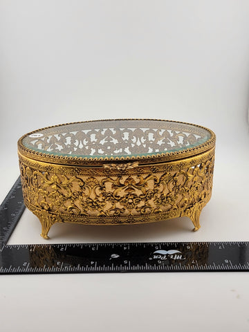Vintage 1950s Hollywood Regency Ormolu Jewelry Casket Beveled Glass Filigree Box
