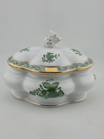 Vintage Collectible Herend Chinese Bouquet Green Cov Bonbon W/Bunny. Read.