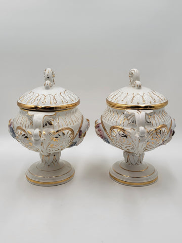 Set Of 2 Keramos Capodimonte Italy Cherub Centerpiece Vase Lidded Pedestal Bowls