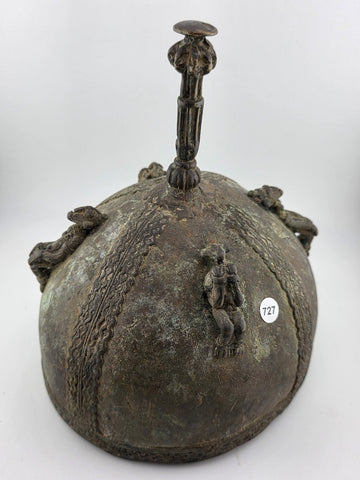 Early 20th C Luba Congo Bronze Ritual Vessel Lid w/ Figures African Tribal Art