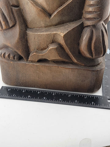 Vintage Large Hand Carved Solid Wooden LAUGHING BUDDHA Holding Bag Of Money 10”