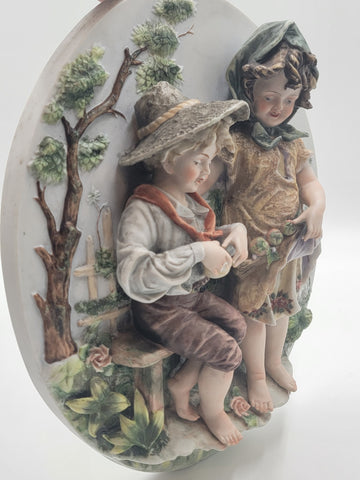 Antique German Bisque 3D Wall Plaque Framed High Relief Germany Children.