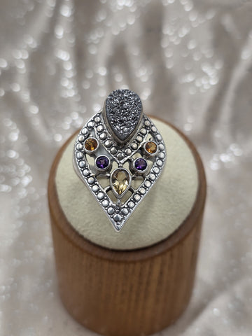 Nicky Butler Sterling Silver Ring Druzy Quartz Gemstones Signed NB India Size 10