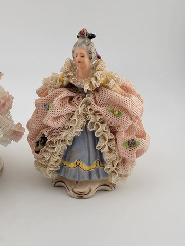 Set Of 2 Volkstedt Germany Dresden Lace Small Ballerina Pink Porcelain Figurines