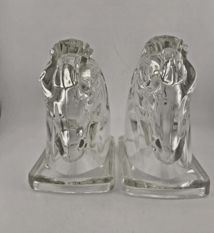 2 Vintage Clear Federal Glass Horse Head Bookends Set Art Deco Style Stallions