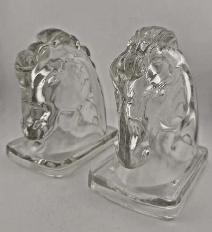 2 Vintage Clear Federal Glass Horse Head Bookends Set Art Deco Style Stallions
