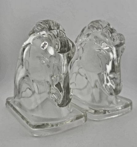 2 Vintage Clear Federal Glass Horse Head Bookends Set Art Deco Style Stallions