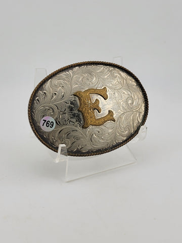 Vintage Montana Silversmiths German Silver Belt Buckle - Letter "E" Monogram
