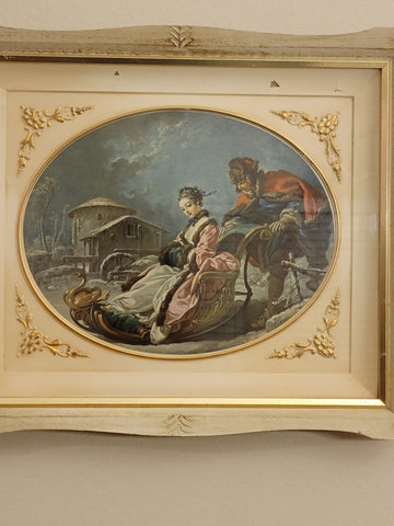 ANTIQUE  ORIGINAL 19th C Francois Boucher LITHOGRAPH COUPLE WINTER SLEIGH SCENE.