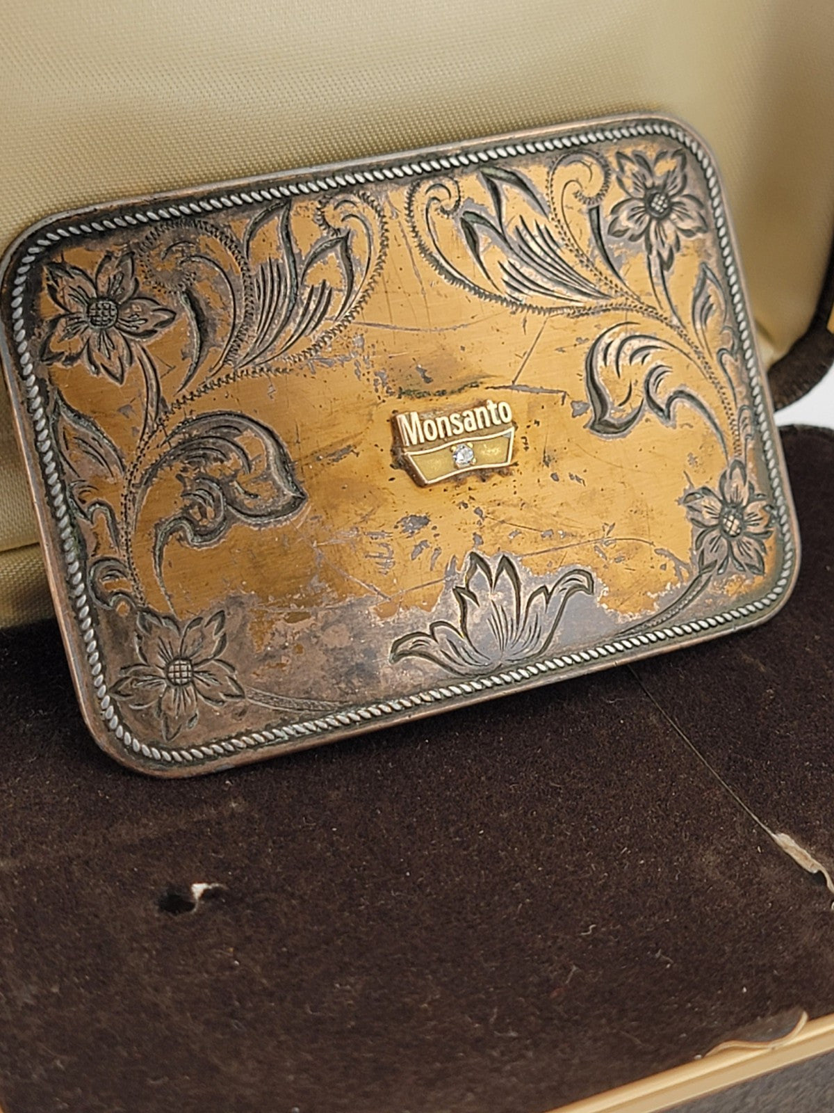 Rare Vintage Monsanto Belt Buckle 10kt Gold Plated W Diamond Emblem Original Box