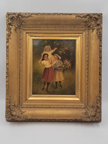 Rare 19th C Children Playing French Oil Painting Signed wood panel Guilded Frame