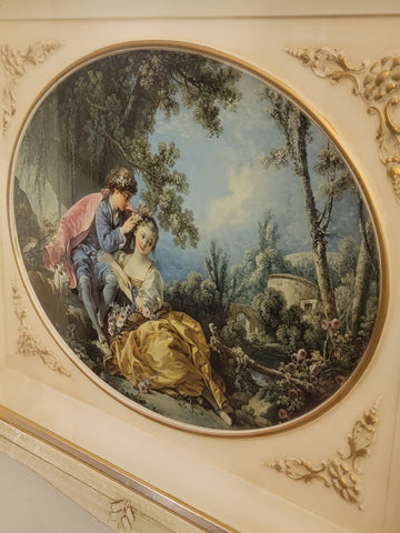 ANTIQUE  ORIGINAL 19th C Francois Boucher LITHOGRAPH  LADY& CAVALIER COURT SCENE