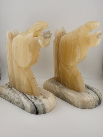 Vintage Pai Of Hand Carved Marble/ Onyx Horse Head Bookends On Marble Base 12 Lb