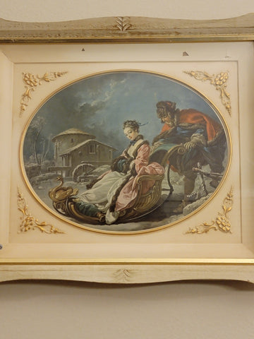 ANTIQUE  ORIGINAL 19th C Francois Boucher LITHOGRAPH COUPLE WINTER SLEIGH SCENE.