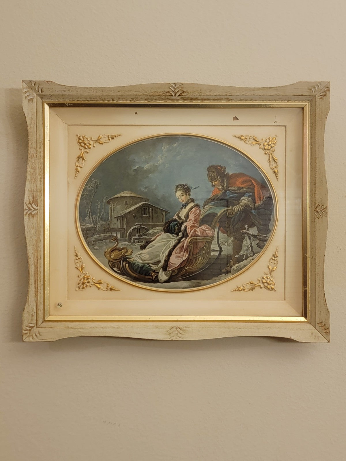 ANTIQUE  ORIGINAL 19th C Francois Boucher LITHOGRAPH COUPLE WINTER SLEIGH SCENE.