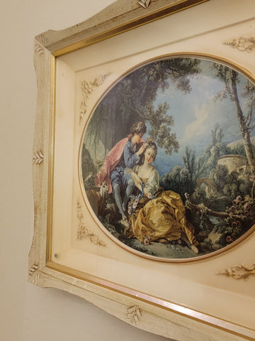 ANTIQUE  ORIGINAL 19th C Francois Boucher LITHOGRAPH  LADY& CAVALIER COURT SCENE
