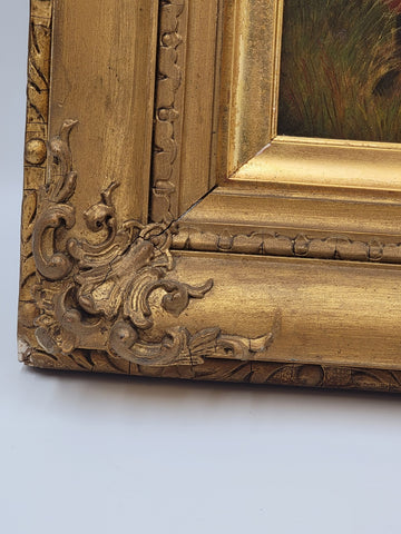 Rare 19th C Children Playing French Oil Painting Signed wood panel Guilded Frame