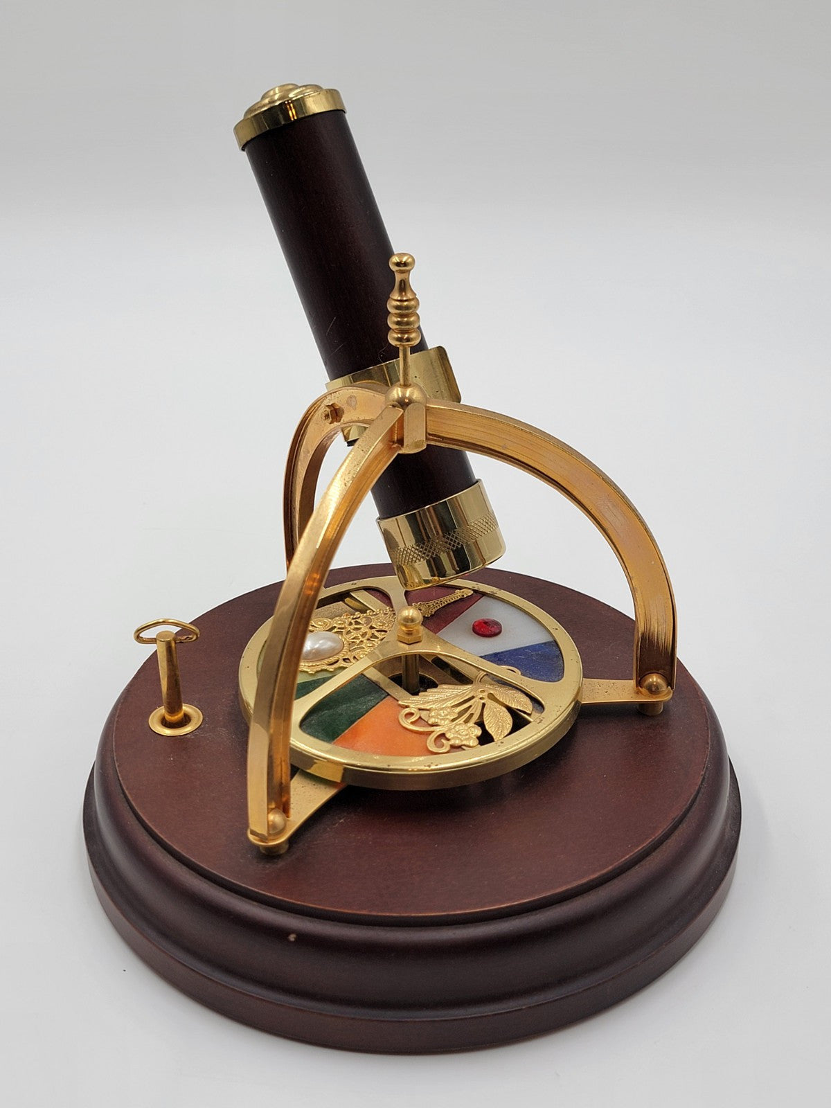 Vintage Kaleidoscope Wind Up Music Box Rotating Wood Brass Stained Jeweled Glass