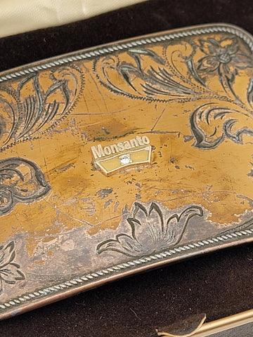 Rare Vintage Monsanto Belt Buckle 10kt Gold Plated W Diamond Emblem Original Box
