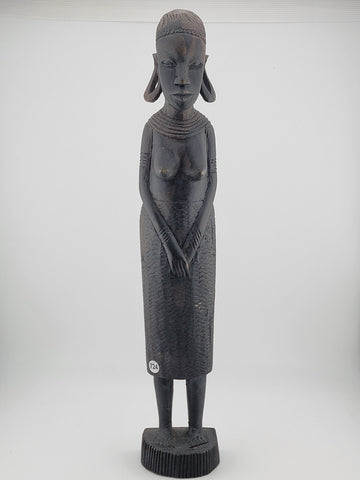 Vintage African Ebony Wood Semi-Nude Woman w/Child Carved Statue, 13" Sculpture