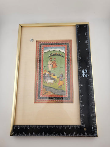 Antique Hand Painted Indian Framed Watercolor & Gold Leaf on Paper Shepards.