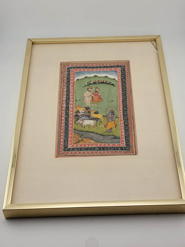 Antique Hand Painted Indian Framed Watercolor & Gold Leaf on Paper Shepards.