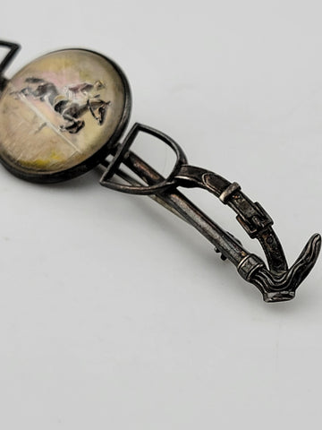 ANTIQUR 925 STERLING SILVER REVERSE PAINTING ON GLASS HORSE & JOKEY BROOCH