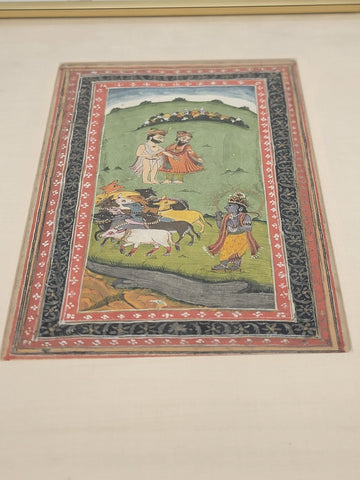 Antique Hand Painted Indian Framed Watercolor & Gold Leaf on Paper Shepards.