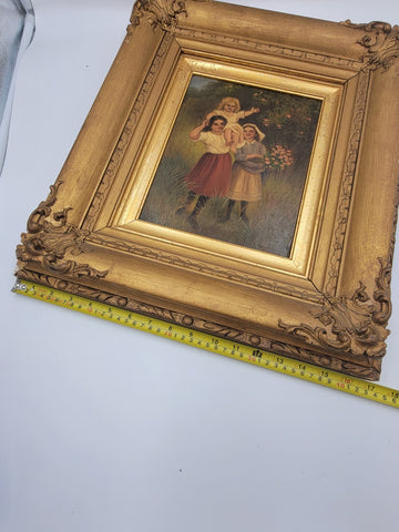 Rare 19th C Children Playing French Oil Painting Signed wood panel Guilded Frame