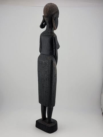 Vintage African Ebony Wood Semi-Nude Woman w/Child Carved Statue, 13" Sculpture