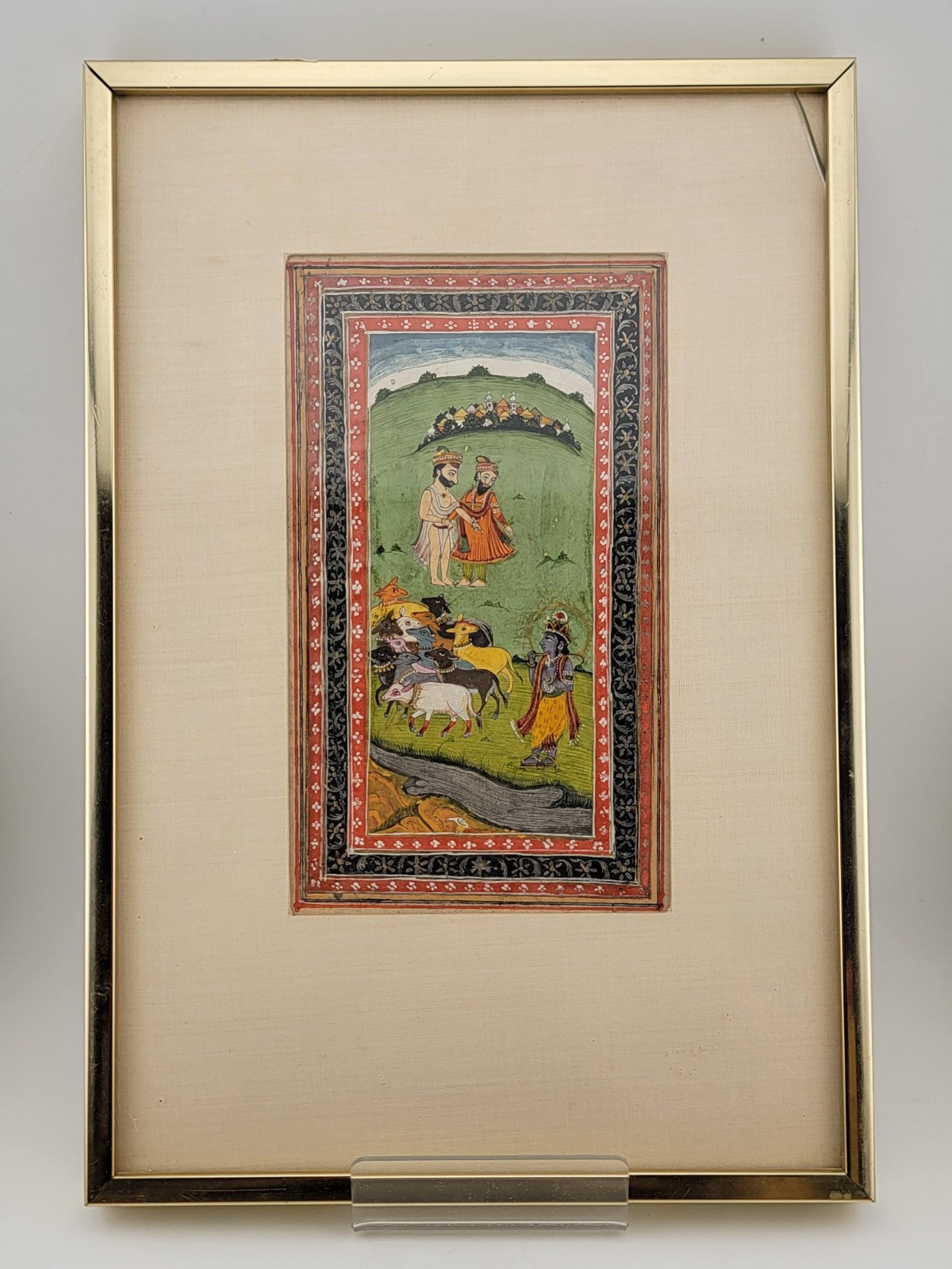 Antique Hand Painted Indian Framed Watercolor & Gold Leaf on Paper Shepards.