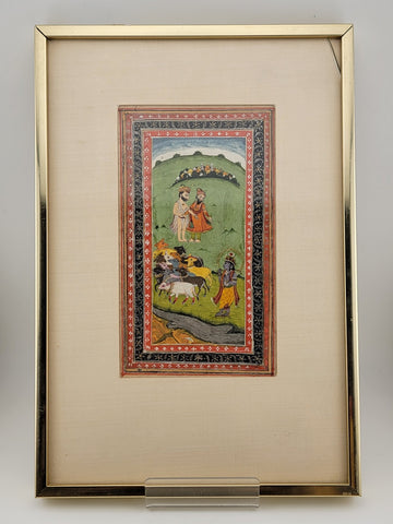 Antique Hand Painted Indian Framed Watercolor & Gold Leaf on Paper Shepards.