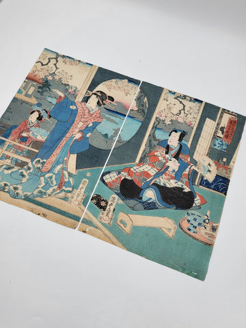 Original 19th C Utagawa Kunisada II Japanese Woodblock Print Interior Scene.