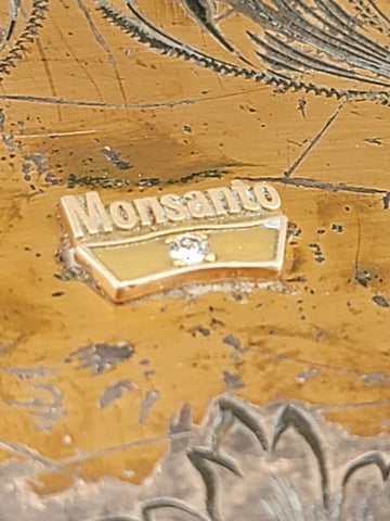 Rare Vintage Monsanto Belt Buckle 10kt Gold Plated W Diamond Emblem Original Box