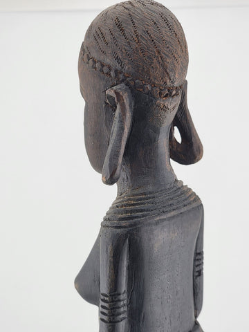 Vintage African Ebony Wood Semi-Nude Woman w/Child Carved Statue, 13" Sculpture
