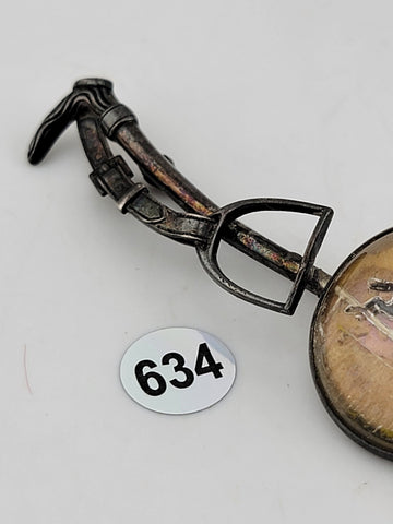 ANTIQUR 925 STERLING SILVER REVERSE PAINTING ON GLASS HORSE & JOKEY BROOCH