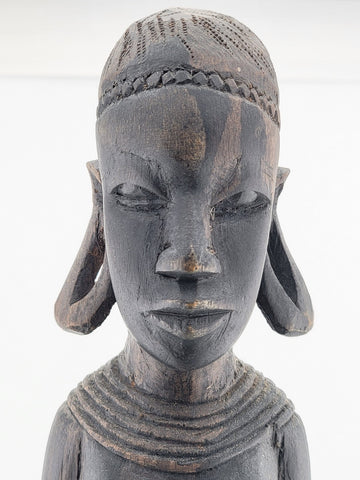 Vintage African Ebony Wood Semi-Nude Woman w/Child Carved Statue, 13" Sculpture