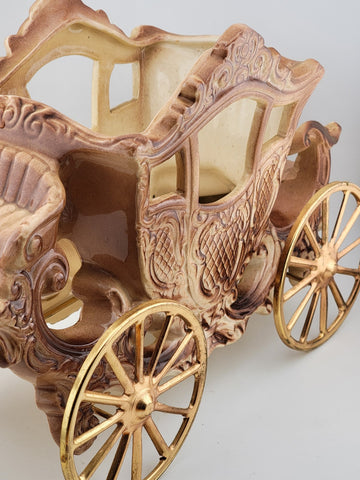 Rare Antique OOAK Large Purple Porcelain Horse Carrige Cart W Golden Wheels.