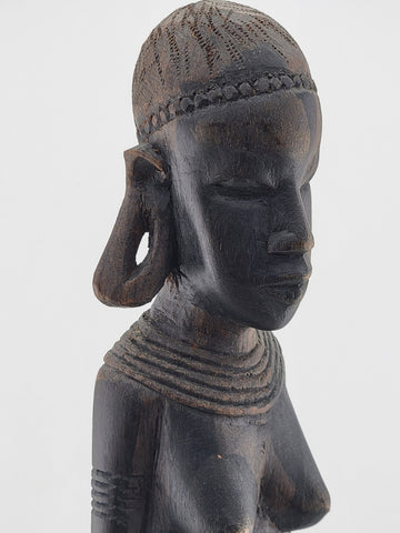 Vintage African Ebony Wood Semi-Nude Woman w/Child Carved Statue, 13" Sculpture