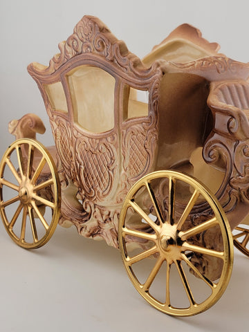Rare Antique OOAK Large Purple Porcelain Horse Carrige Cart W Golden Wheels.