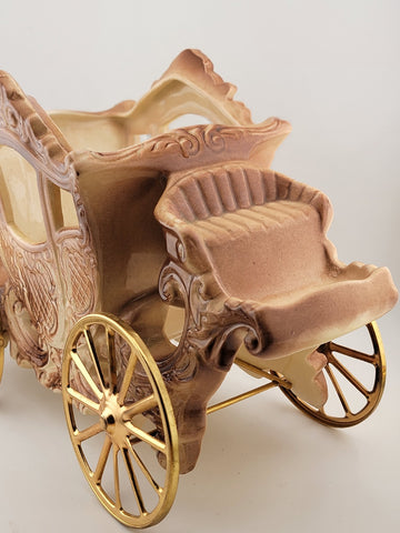 Rare Antique OOAK Large Purple Porcelain Horse Carrige Cart W Golden Wheels.