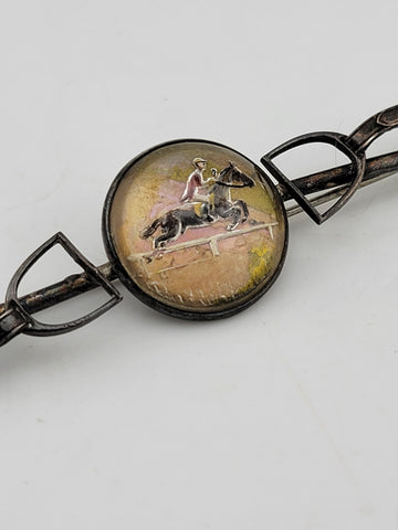 ANTIQUR 925 STERLING SILVER REVERSE PAINTING ON GLASS HORSE & JOKEY BROOCH