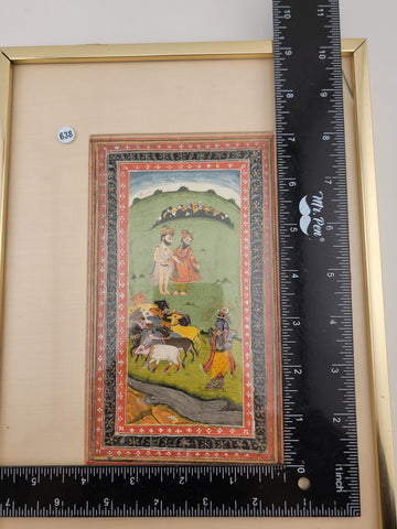 Antique Hand Painted Indian Framed Watercolor & Gold Leaf on Paper Shepards.