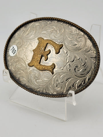 Vintage Montana Silversmiths German Silver Belt Buckle - Letter "E" Monogram