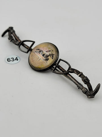 ANTIQUR 925 STERLING SILVER REVERSE PAINTING ON GLASS HORSE & JOKEY BROOCH