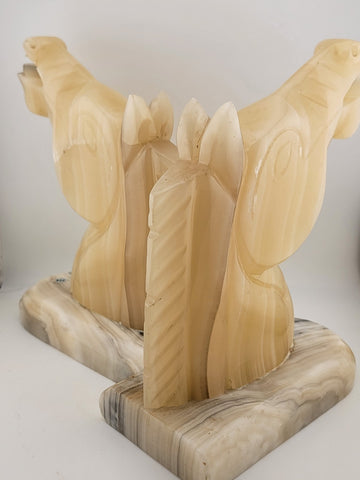 Vintage Pai Of Hand Carved Marble/ Onyx Horse Head Bookends On Marble Base 12 Lb