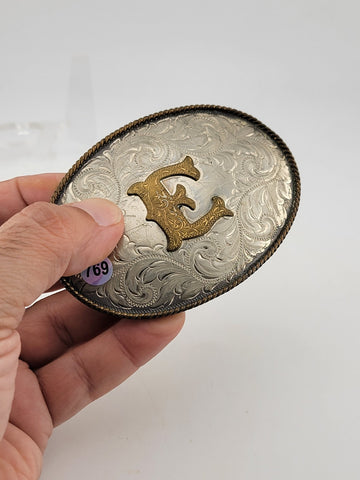 Vintage Montana Silversmiths German Silver Belt Buckle - Letter "E" Monogram