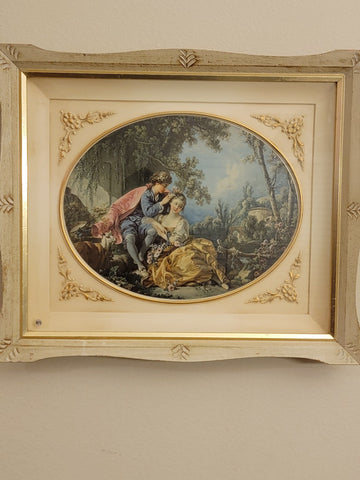 ANTIQUE  ORIGINAL 19th C Francois Boucher LITHOGRAPH  LADY& CAVALIER COURT SCENE